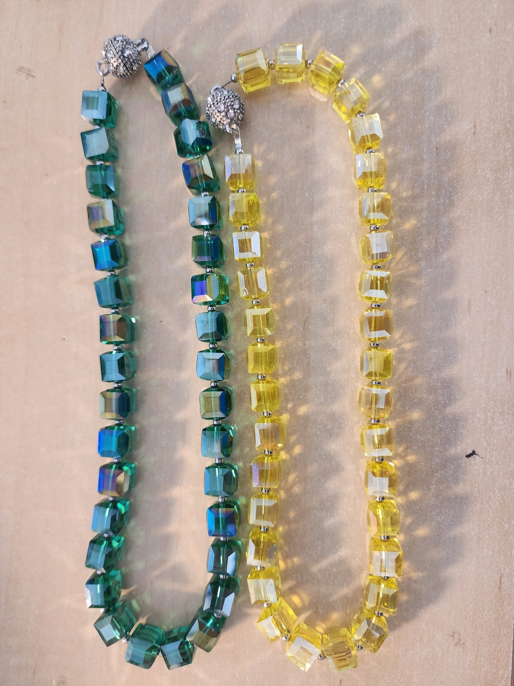 Crystal Cube Pair Beaded Necklace - Yellow and Teal Magnetic Closure
